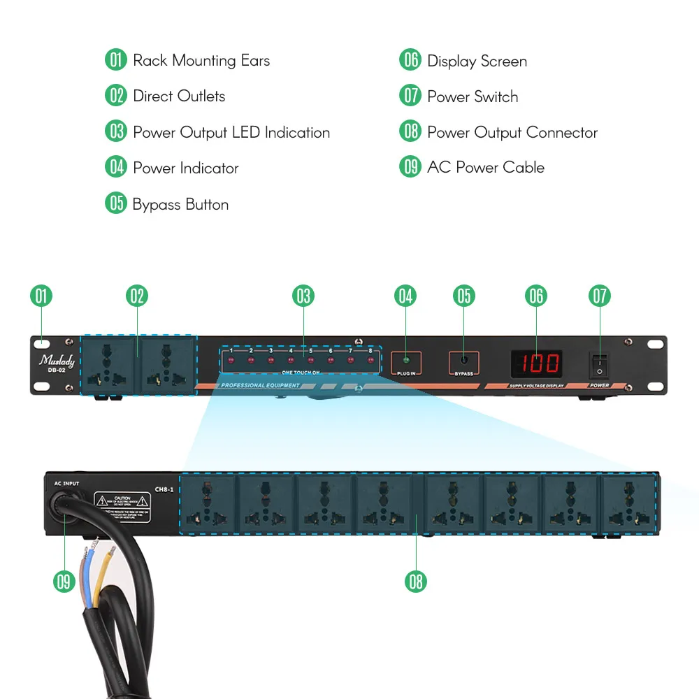 Muslady DB-02 10-outlet Rack Mount регулятор последовательности питания кондиционера регулятор питания для DJ аудио записи