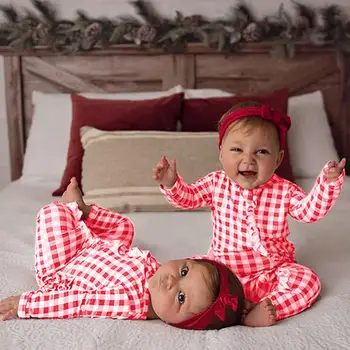 

Cute Newborn Baby Girl Long Sleeve Red Plaid Ruffles Bow Romper Jumpsuit Headband Outfits Baby Girls Clothes