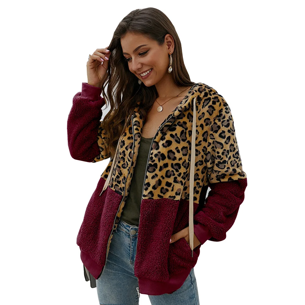 Леопардовая флисовая женская зимняя теплая куртка на молнии, Женская Лоскутная Женская куртка с капюшоном, плюшевое Пальто Harajuku, Chaqueta Mujer - Цвет: burgundy