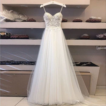 

2020 Exquisite Spaghetti Straps Embroidered Beading Lace A Line Floorl Length Spring Bridal Dress New