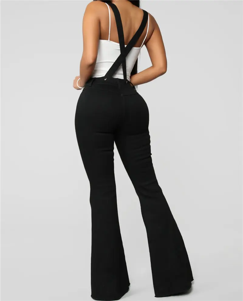 Women's Denim Bell-bottoms Solid Color with Buttons Suspender Overalls Spring Autumn High Street Sexy Jeans Flares Trousers