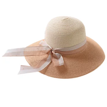 

Fashion Hepburn Wind Two-Color Patchwork Striped Bowknot Summer Sun Hat Beautiful Women Straw Beach Hat Large Brimmed Hat