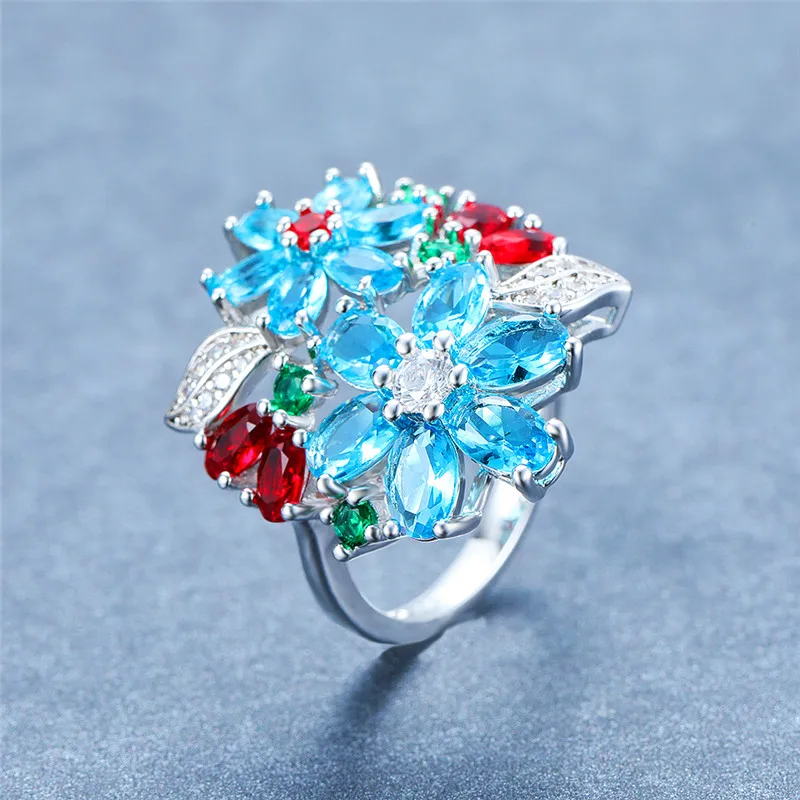 Boho женское синее цветочное кольцо Мода 925 Серебрянное обручальное кольцо кольца для женщин маленький красный, зеленый камень Свадебное обручальное кольцо