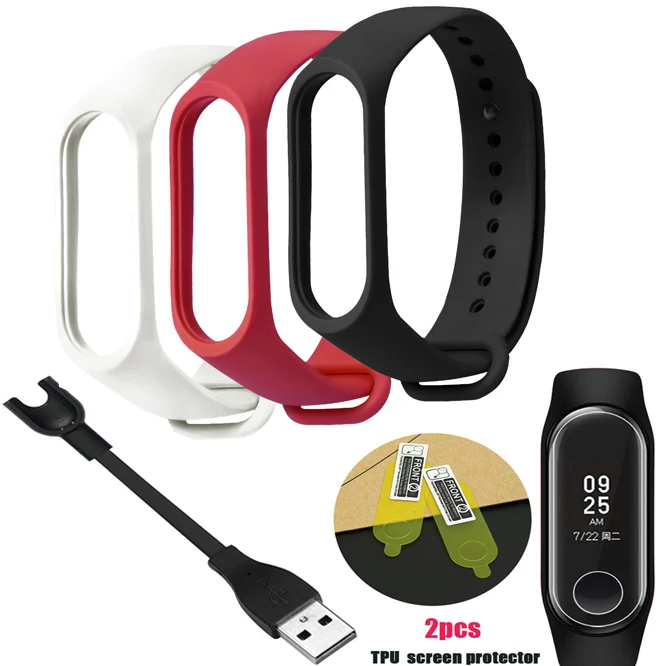 white-red-black YHNUJM Сменные ремни+ usb-кабель для зарядки+ 2 шт Защитная пленка для экрана для Xiaomi Mi Band 3 умный силиконовый браслет - Цвет: white-red-black