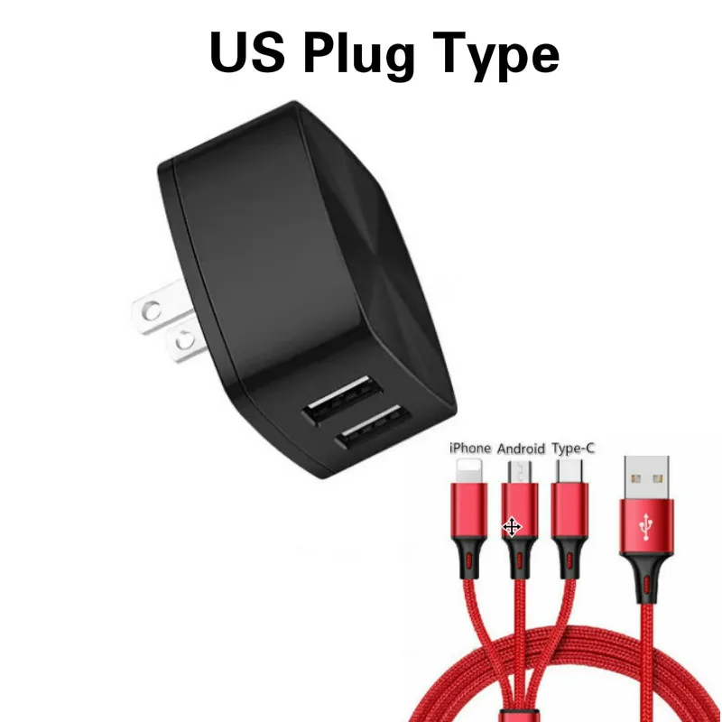US Plug Type Двойной Быстрая зарядка для мобильных телефонов через USB Зарядное устройство 5V 2.4A 2 Порты и разъёмы Быстрая зарядка EU/US/UK розетки Зарядное устройство адаптер с 2.4A 3-в-1 кабель для быстрой зарядки - Цвет: US Plug Type