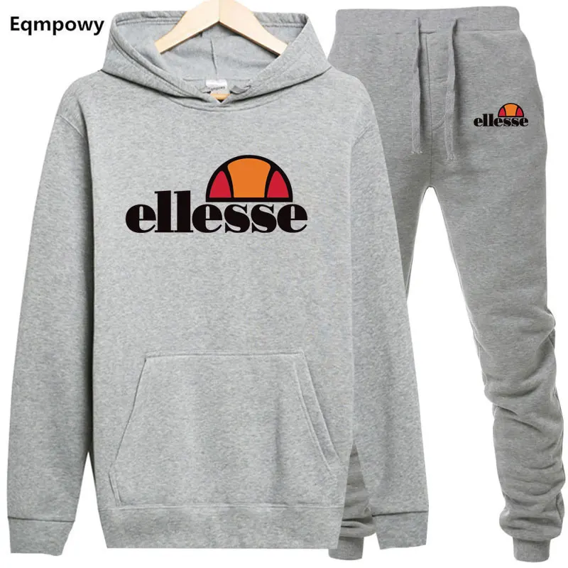 

Autumn Ellesse Tracksuit Men Sporting Suits Casual Pure Color Fleece Warm Hoodies + Pants Two Piece Set Men Sporting Wear