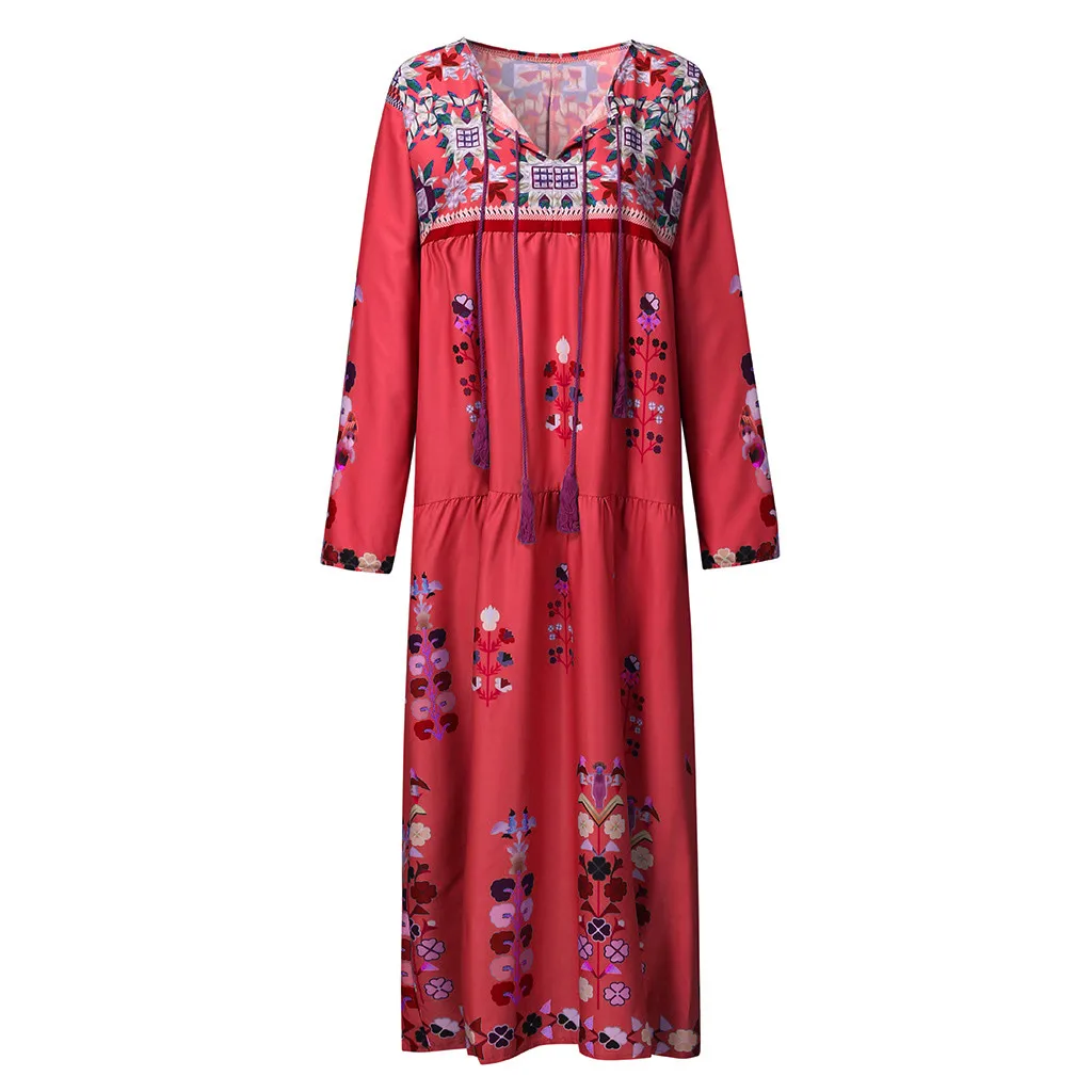 Цветочное Макси Платье женское с длинным рукавом с v-образным вырезом на шнуровке винтажные платья Летняя одежда в стиле бохо пляжное для вечеринки хиппи длинное платье - Цвет: Красный