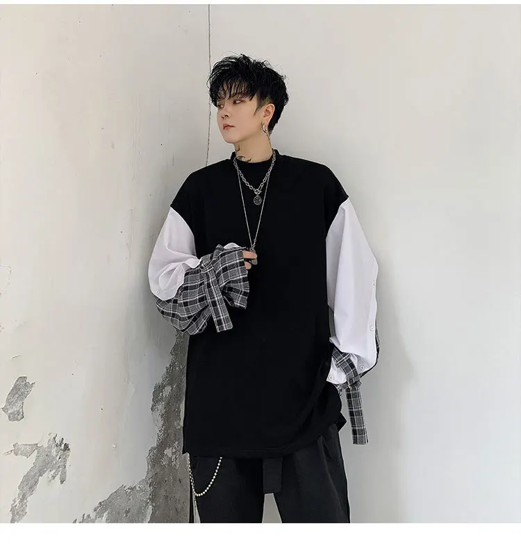 EWQ / Autumn Winter Men's Clothing Tide Personality Lattice Hit Color Patchwork Design Loose Sweatshirt For Male 19H-a213