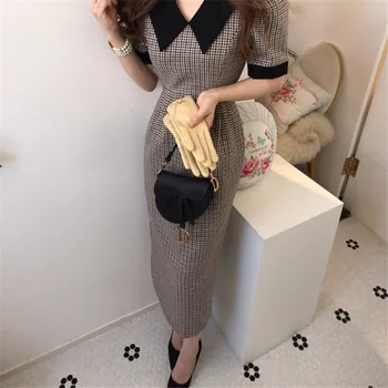

CBAFU chic contrast color patch houndstooth plaid dress high waist hip split designer office dresses slim fit long vestidos F081