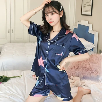 

Women's Silk Shorts Pajamas Set Short Sleeve Button Down Sleepwear Nightdress Nightwear Pj Lounge Sets pyjamas pijama pijamas