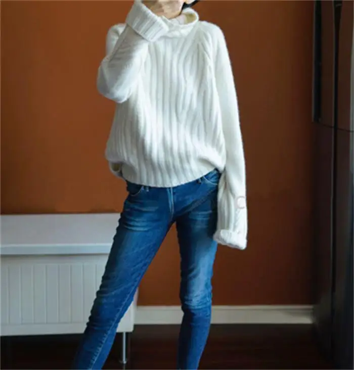 Осенне-зимний свитер женский кашемировый свитер с хомутом вязаный пуловер женский свитер модные свитера новые свободные топы больших размеров - Цвет: white