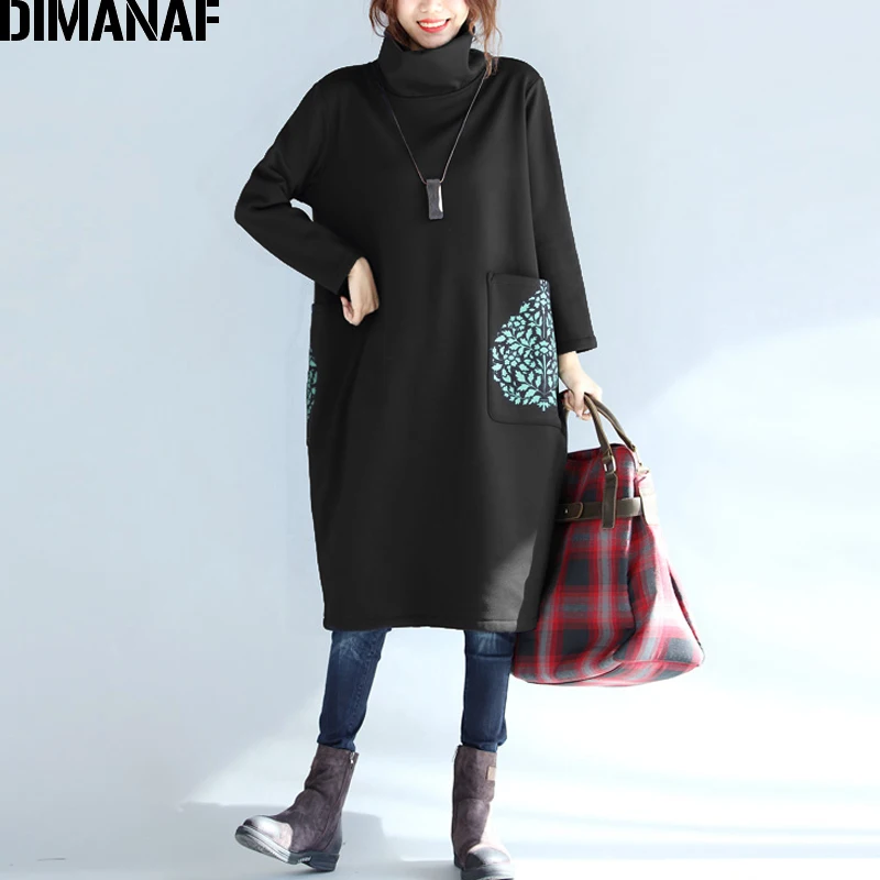 Comprar DIMANAF vestido para mujer en tallas grandes de invierno de cuello alto de algodón grueso Vestidos de mujer ropa de mujer suelta de gran tamaño Vestido de manga larga negro