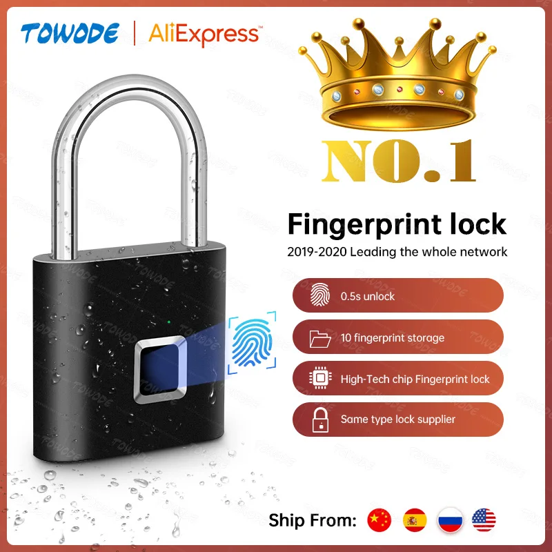 Towode 1/2Pcs Keyless USB Rechargeable Door Lock Fingerprint Smart Padlock Quick Unlock Zinc alloy Metal Self Developing Chip