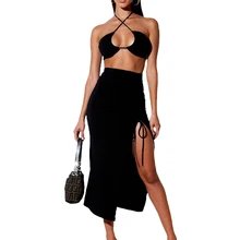 Women Sexy Side Slit Skirt, High Waist Sheath Skirt Summer with Drawstring Casual Style Clothes Women Sexy Side Slit Skirt, High Waist Sheath Skirt Summer with Drawstring Casual Style Clothes
