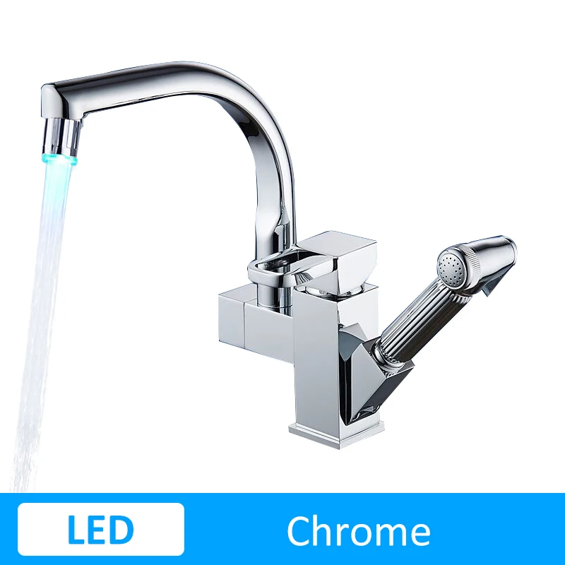 Led Chrome Смеситель для кухни, смеситель горячей и холодной воды, кран, золотой, черный, хромированный, вытяжные краны, 360 вращение, латунные краны, двойной Носик, Torneira Cozinha - Цвет: Led Chrome