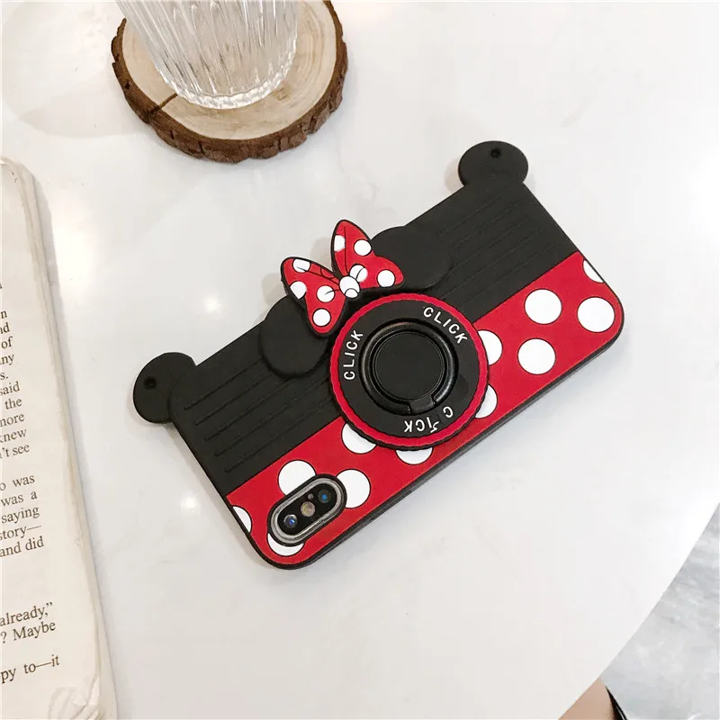Only case 3D мультфильм Минни Микки камера мягкий силиконовый чехол для телефона для iPhone 11 Pro X XR XS Max 6 6S 7 8 Plus с ремешком и кронштейном - Цвет: Only case
