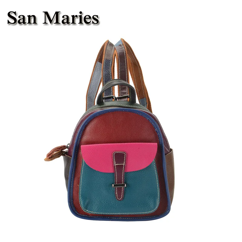

San Maries Women Backpack Genuine Leather Colorful Patchwork Vintage School Bags Casual Shoulder Bag Random Color For Girls