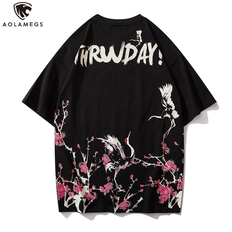 

Aolamegs Men's T Shirt Chinese Style Plum Flower Printed Casual Hip Hop O-Neck Oversize Cozy Ancient Culture Streetwear Summer