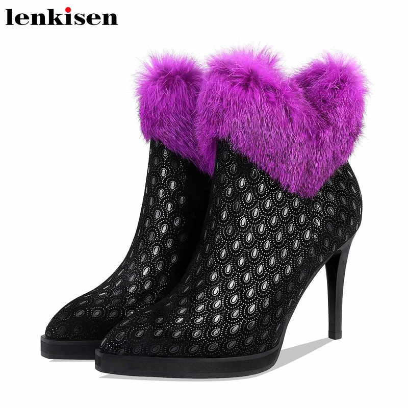 

Lenkisen gorgeous rabbit fur print sheep suede pointed toe super high heels winter warm mature women stiletto ankle boots L01