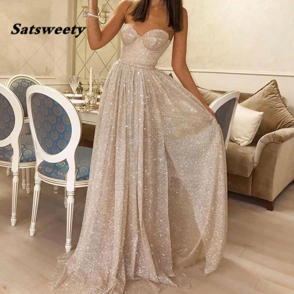 

Ivory Split A-Line Prom Dresses Sweetheart Neck Shiny Sequined robe de soiree Formal Party Evening Gowns vestido de gala