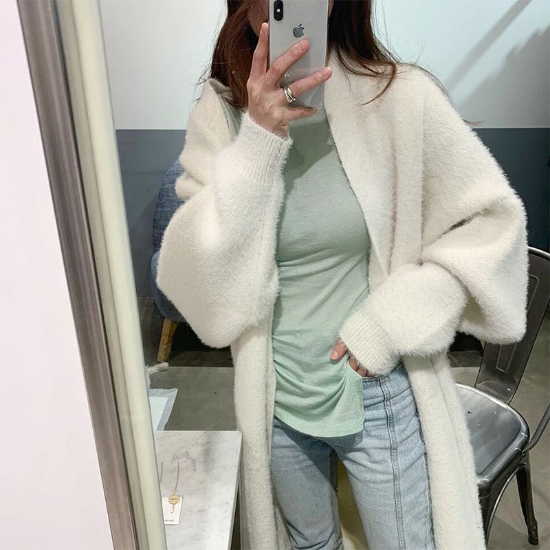 

Long Cardigan For Womenfake Mink Cashmere Wool Jacket Oversize Fashion Long Sweaters Autumn Warm Women Coats Thick Plus Size