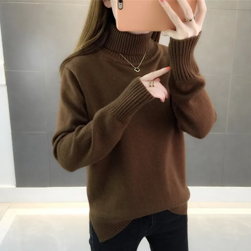 Толстый теплый женский свитер с высоким воротом, зима, женские свитера и пуловеры, вязаный свитер с длинным рукавом, однотонный кашемировый свитер в рубчик, женский свободный свитер - Цвет: Brown