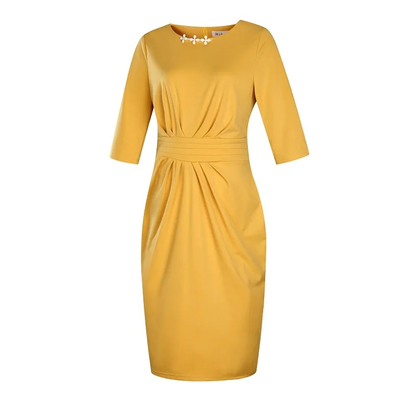 Женское платье-карандаш, осень, расшитое бисером, однотонное, Vestidos, на молнии, длиной до колен, Офисная ткань, размера плюс, женское платье, 4XL, 5XL, 6XL - Цвет: yellow