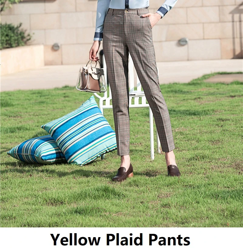 Yellow Plaid Модные клетчатые женские узкие брюки, подчеркивающие бедра леггинсы для женщин, деловая рабочая одежда, повседневные женские офисные Капри - Цвет: Yellow Plaid