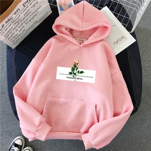 Розовый Kawaii Graphics Hoodies Women Harajuku Pocket Sweatshirt Rose Flower Design Casual Vintage Oversized Hoody Hip Hop Streetwear - Цвет: Розовый
