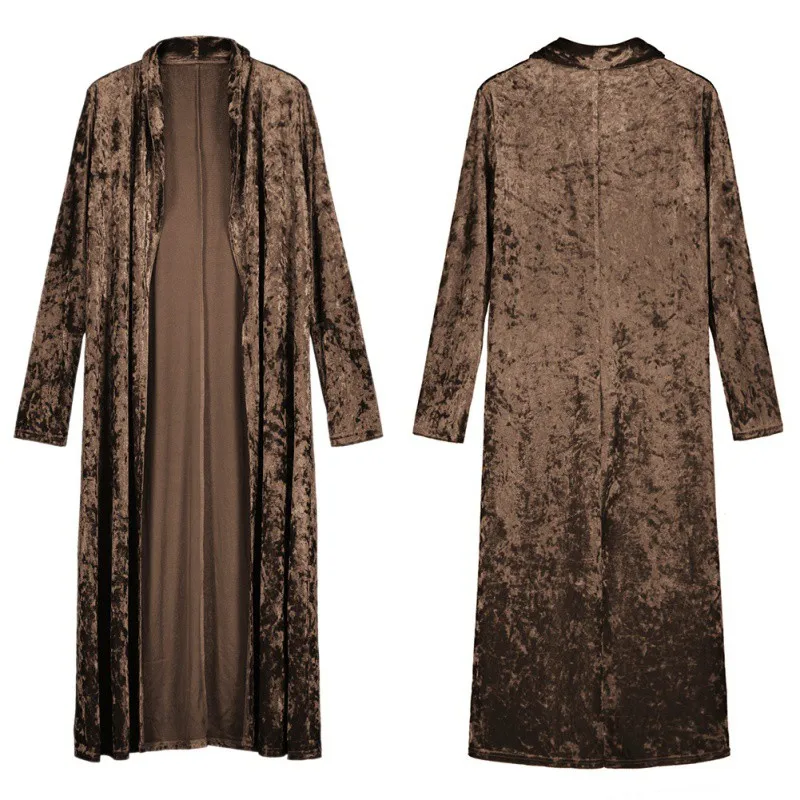 EFINNY, Осеннее женское бархатное пальто с открытой передней частью и длинным рукавом, модное приталенное пальто с отворотом на шее, вечерние длинные куртки-кардиганы макси