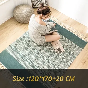 

Retro Green Tassel Cotton And Linen Floor Mat Bedroom Hand Made Room Carpet For Living Rugs Large Geometric Morocco Print Area
