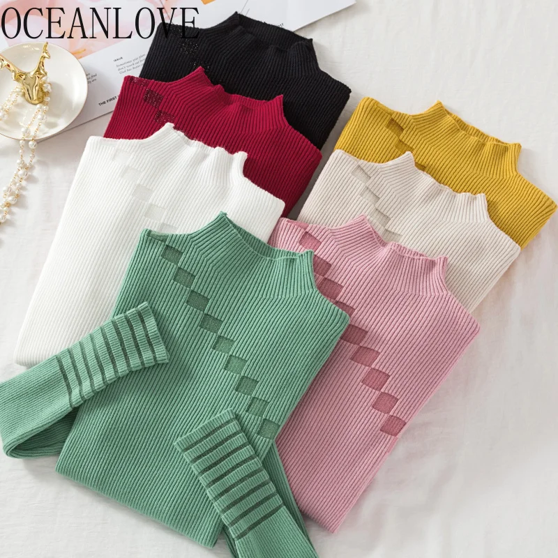 

OCEANLOVE Sweater Women Fashion Thin Solid Slim Bodycon Sueter Mujer Autumn 2019 Winter Hollow Out Pull Femme Korean 12830