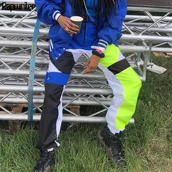 

Rapwriter Casual Contrast Color Patchwork Hip Hop Pants Women 2019 Streetwear Stretch High Waist With Buckle Joggers Sweatpants