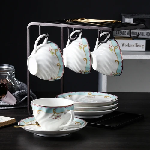 High Quality Bone China Tea Cup and Saucer Set Luxury Coffee Cup Vintage White Ceramic Coffee Cups Classic Nordic Kitchen D6D - Цвет: 4 cup saucer set
