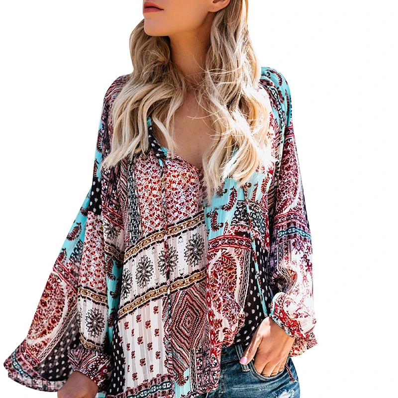 

New Winter Irregular Chiffon Blouse V-neck Long-sleeved Printed Women Tops And Blouses Loose Casual Tie With 2020