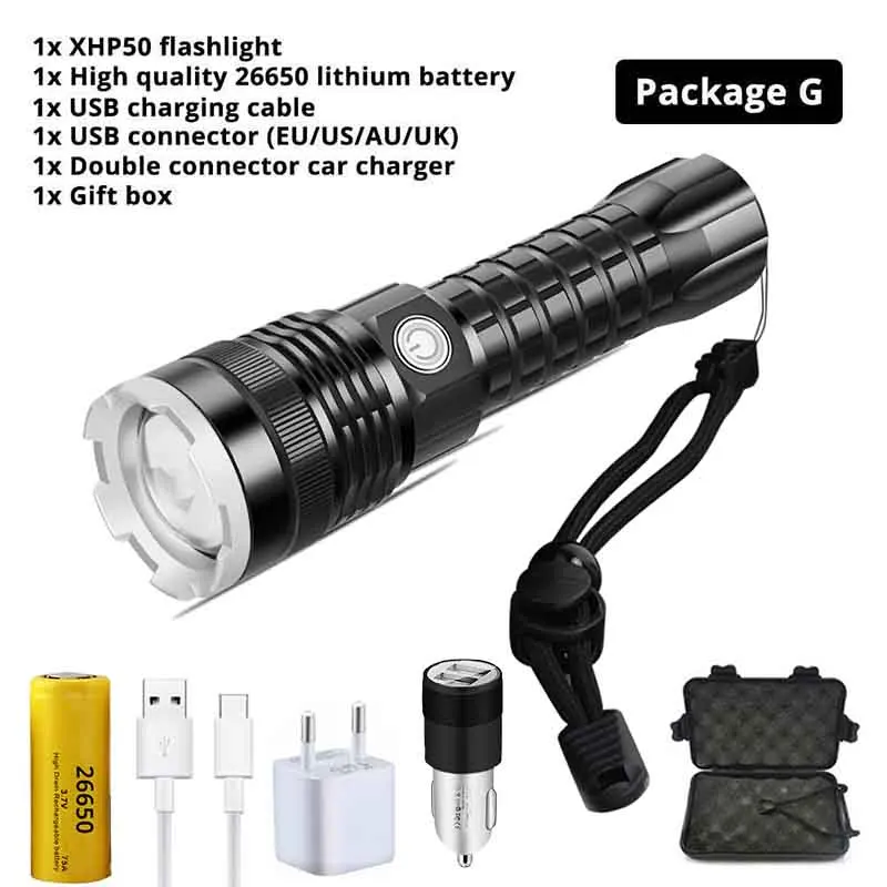 Package G Мощный светодиодный светильник XHP50 с usb-зарядкой, водонепроницаемый, с зумом, 4 режима, тактический фонарь, уличный охотничий светильник, с помощью батареи 26650 - Испускаемый цвет: Package G