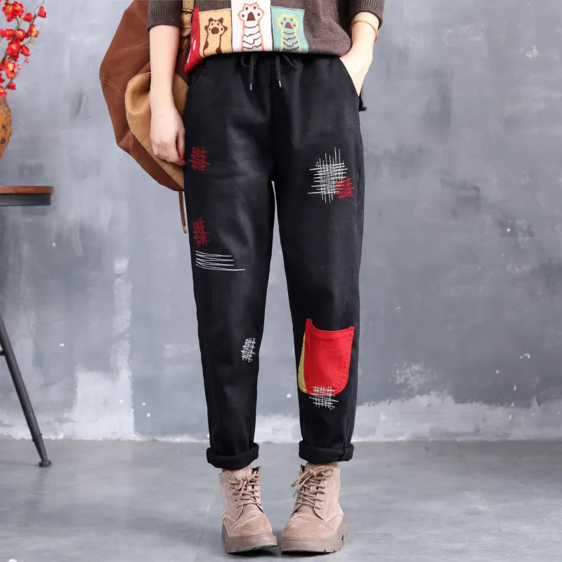 Max LuLu корейские модные женские лоскутные джинсы, женские повседневные эластичные штаны-шаровары с вышивкой, зимние черные меховые джинсовые брюки
