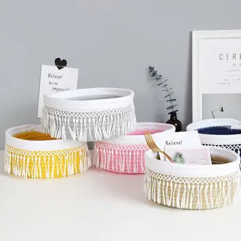 

Cotton Rope Storage Baskets With Pompom Handmade Woven Dirty Clothes Laundry Basket Kids Toy Desktop Sundries Organizer Hamper