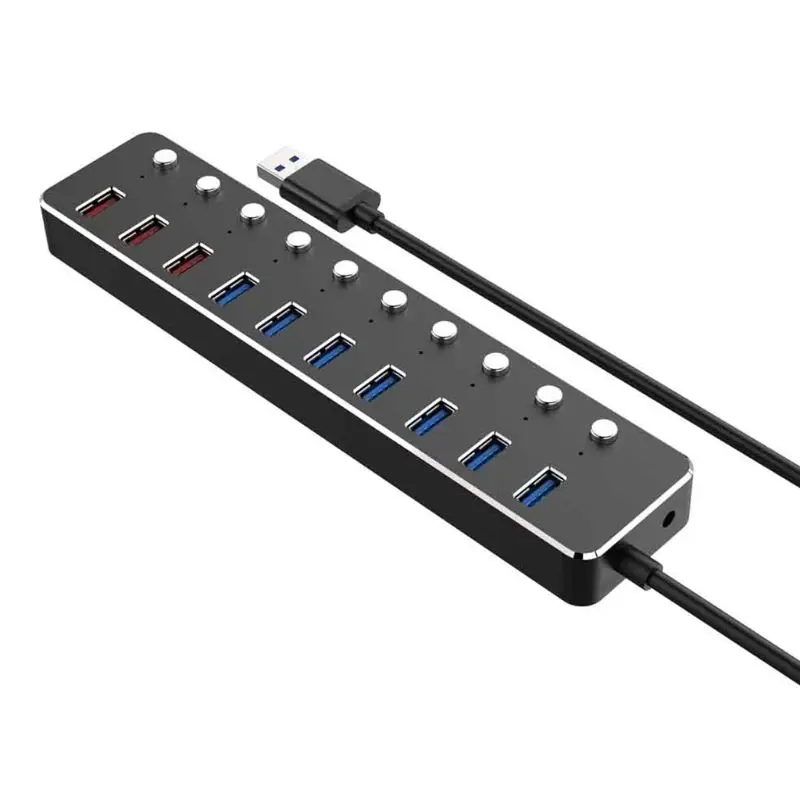 10 портов USB 3,0 концентратор Алюминиевый usb-разветвитель для быстрой зарядки с адаптером питания
