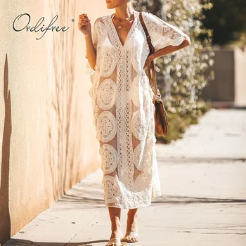 

Ordifree 2020 Summer Bohemian Women Maxi Dress Sexy Transparent See Through Embroidery White Lace Long Beach Dress