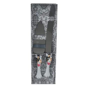 

1 set of silver resin + stainless steel bride and groom wedding cake knife shovel: 1 cake knife 20.4cm * 2.4 cm handle length 11