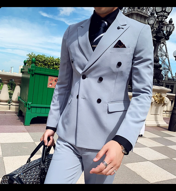 Plyesxale Slim Fit мужской двубортный пиджак свадебные блейзеры Серый Армейский зеленый синий черный белый мужской блейзер Повседневная Q563