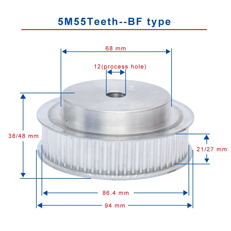 Зубчатый шкив 5M55 зубы BF Тип зубьев 5 мм процесс Диаметр отверстия: 12 мм ширина щели 21/27 мм для 20/25 мм зубчатый ремень