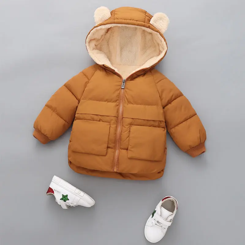 Детские зимние пальто для мальчиков и девочек; модная детская однотонная куртка из плотного флиса с капюшоном и ушками; теплая верхняя одежда для маленьких девочек и мальчиков