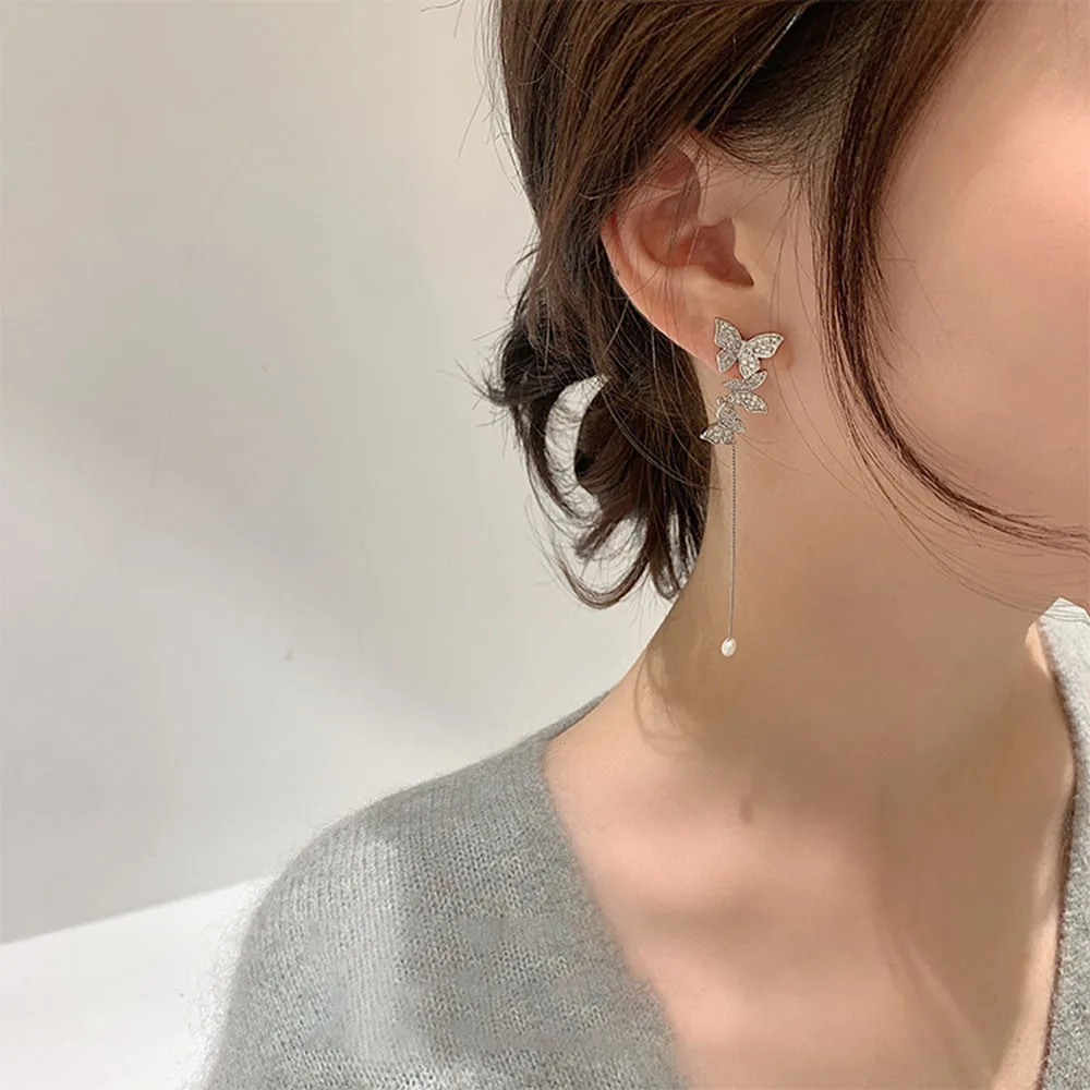 

Asymmetrical Long Tassel Earrings Butterfly Temperament Exquisite Zircon Ear Bone Clip Nail Retro French Pendant Earrings Women