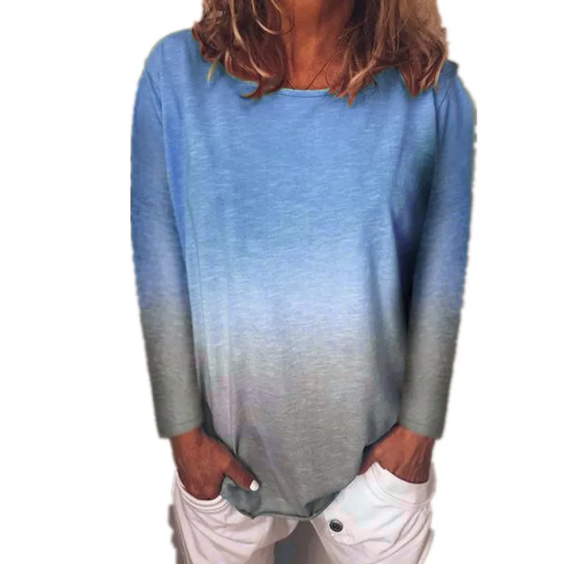 

Autumn Long Sleeve Casual Femme T-Shirts Gradient Print O-Neck Loose Tops Tees S-5XL Plus Size Women Clothing Streetwear T-Shirt