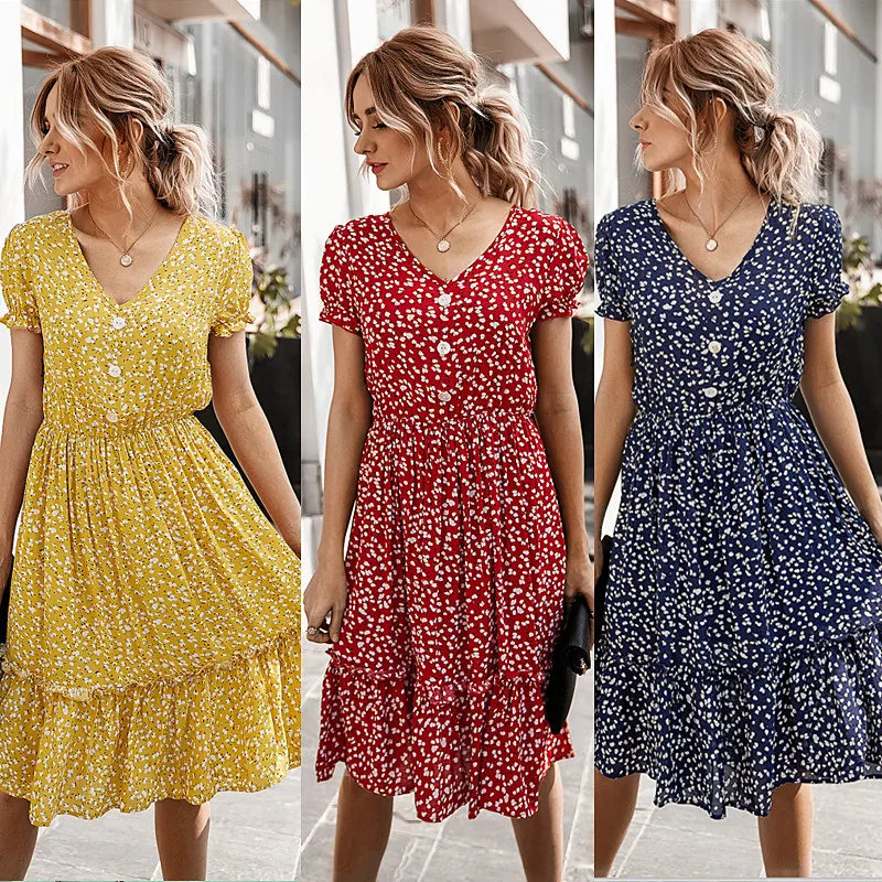 

2020 Sexy Summer Dresses Women Floral Dress Casual Bohemian Lotus Leaf Sleeve V-Neck Loose Beach Dress Dresses Three Colors