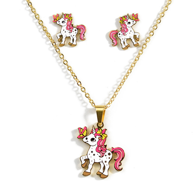 Cute Pink Horse Unicorn Design Enamel Stainless Steel Gold Color Necklaces earring Set Fashion Jewelry Kids Gift