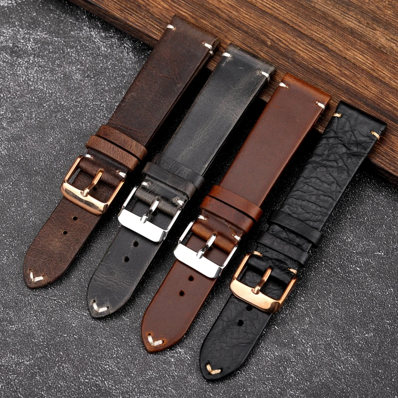 

Watch Leather Strap Watchbands Retro Oil Wax Brown Ultra Thin Bracelet Handmade Cowhide Waterproof Soft Belt 18 19 20 21 22mm