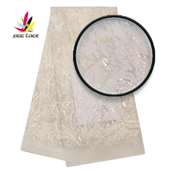

2020 High Quality White French African Unique Pattern Embroidery Tulle Glitter Sequins Dress Lace Fabric for Wedding